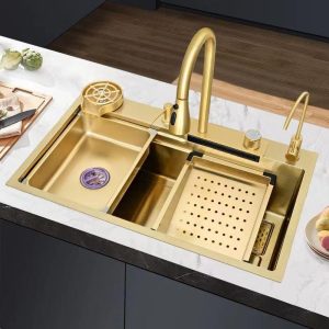 Boelons New Trend 304 SS Multifunctional One Piece Automatic Cup Washer Piano Digital Display Two Waterfall Faucet Kitchen Sinks