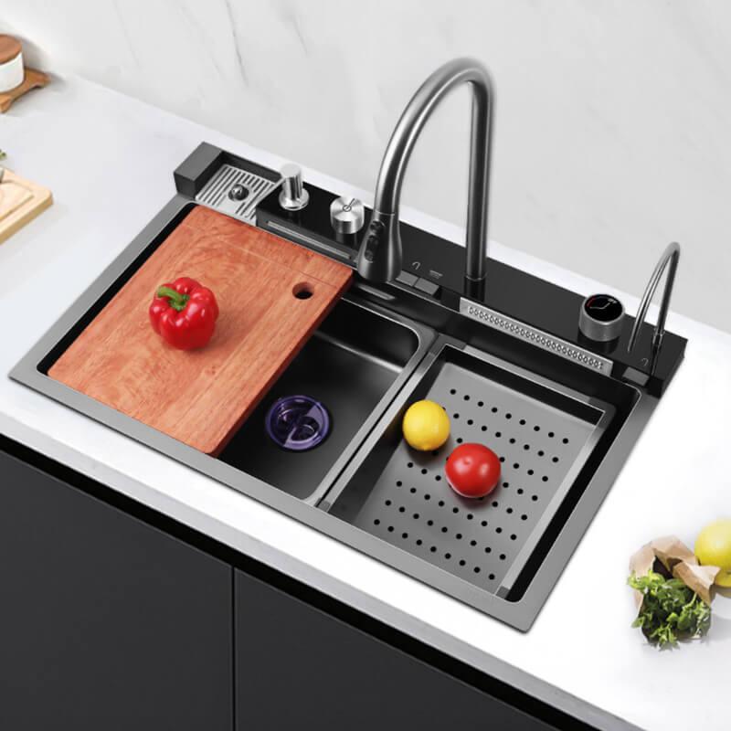 304 SS Multifunctional One Piece Automatic Cup Washer Piano Digital Display Two Waterfall Faucet Kitchen Sinks